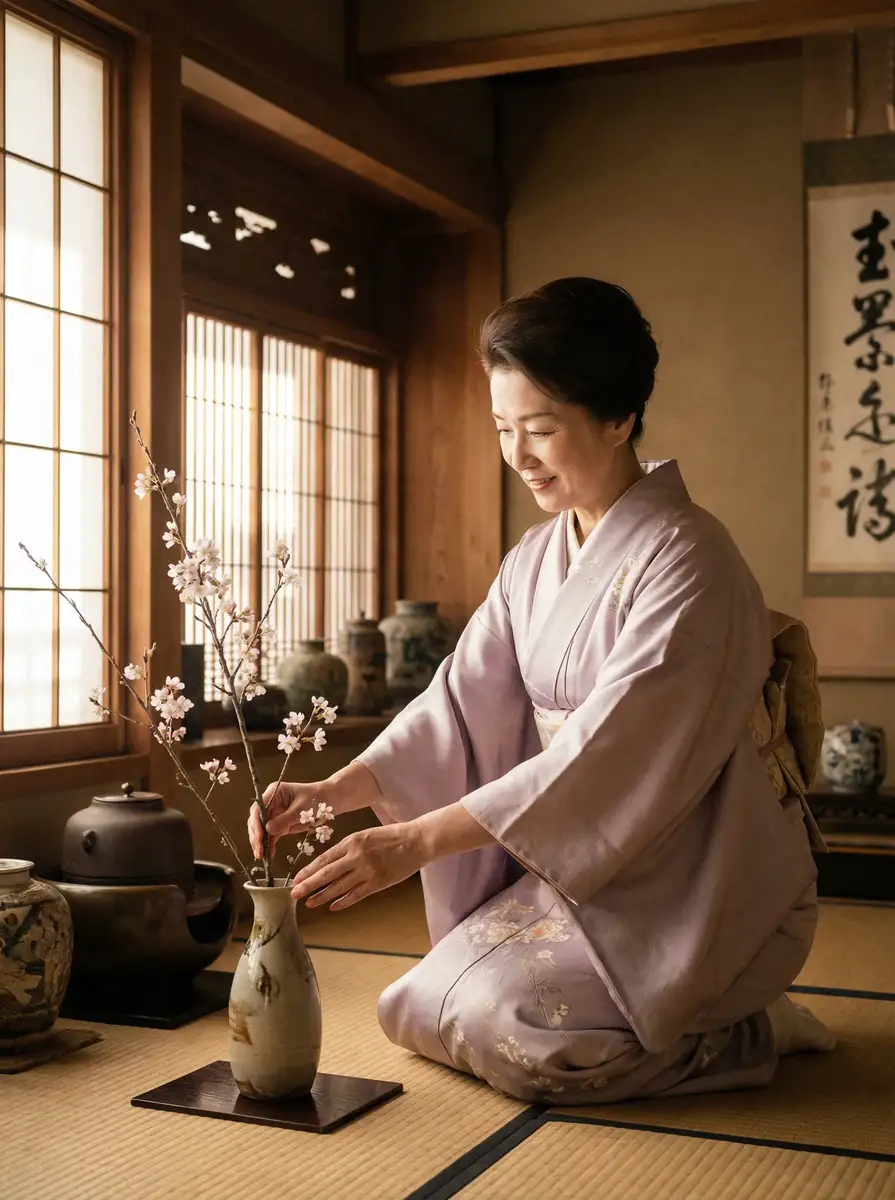 一位优雅的 原神同人 在和室中插花